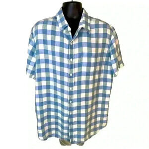LL Bean Shirt Mens XXL Tall Blue Gingham Plaid Slightly Fitted 100% Linen